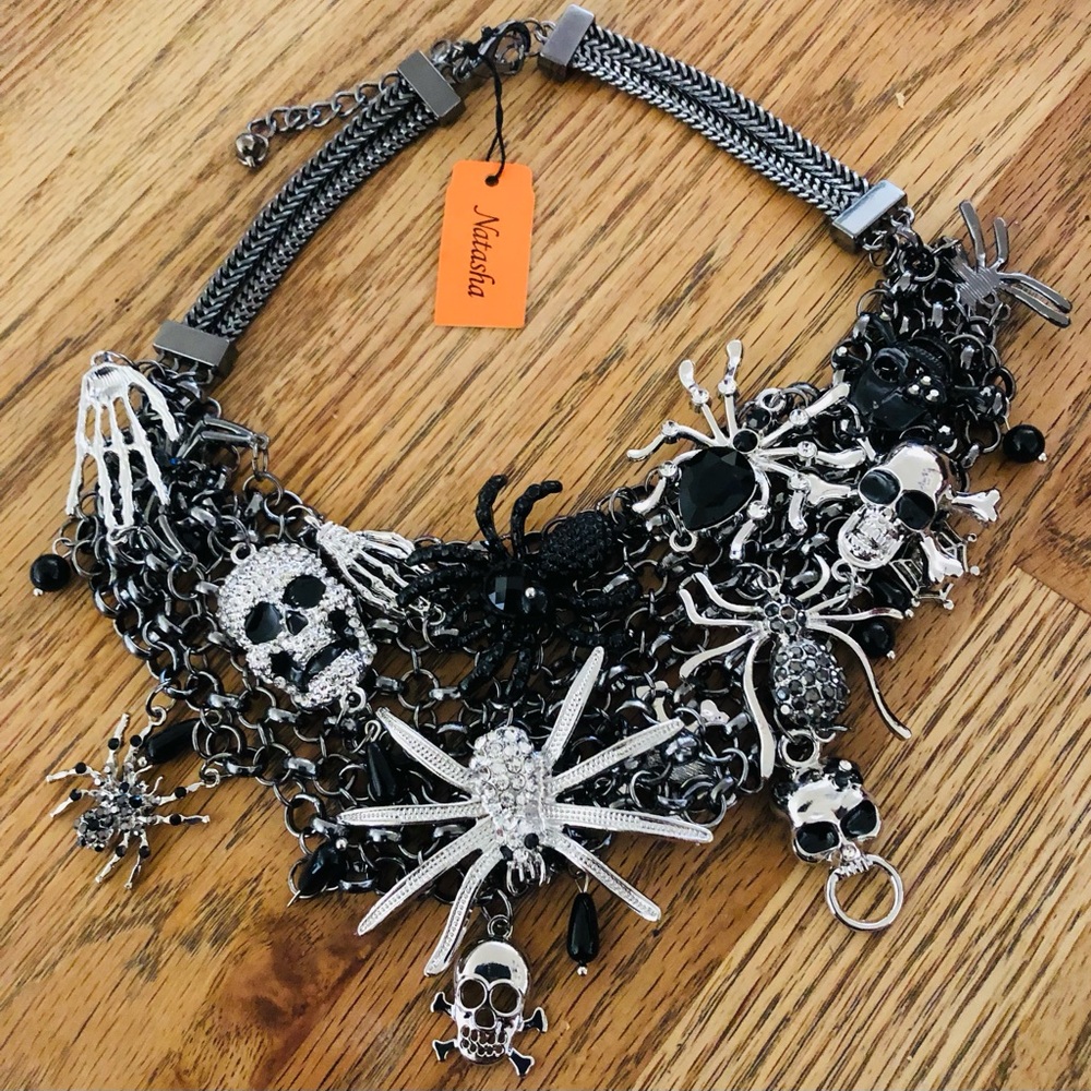 Bib Statement Necklace - Spiders, Skulls, Skeletons, Rhinestone & Beads, NWT